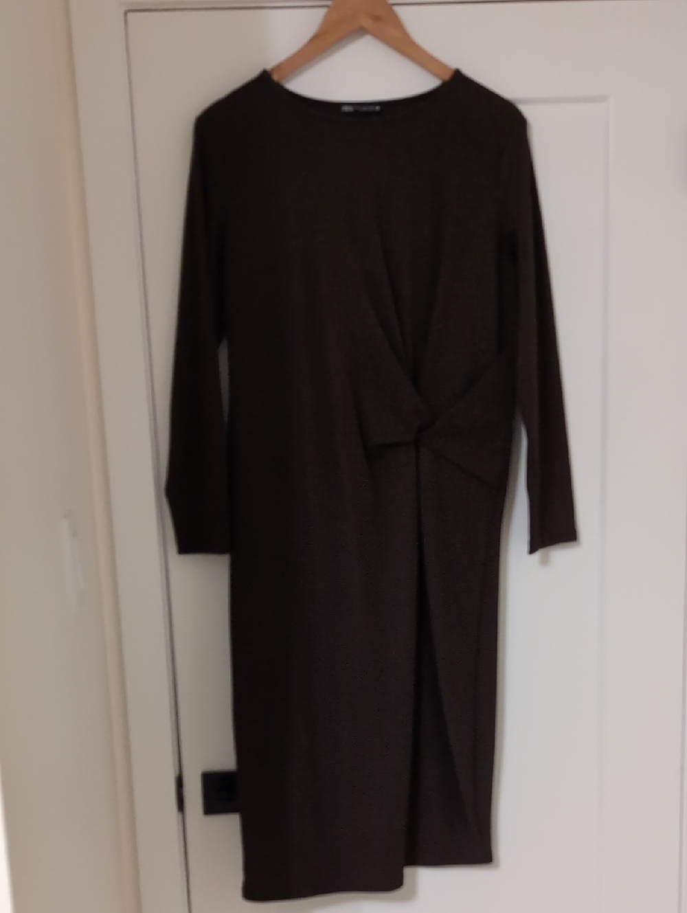Zara Dark Brown Long-Sleeve Twist Front Midi Dress